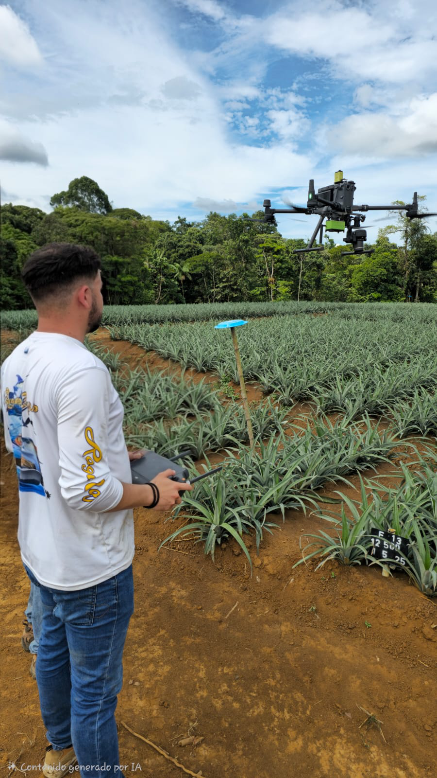 Brandon Venegas trabajando en campo con un dron sobre un cultivo